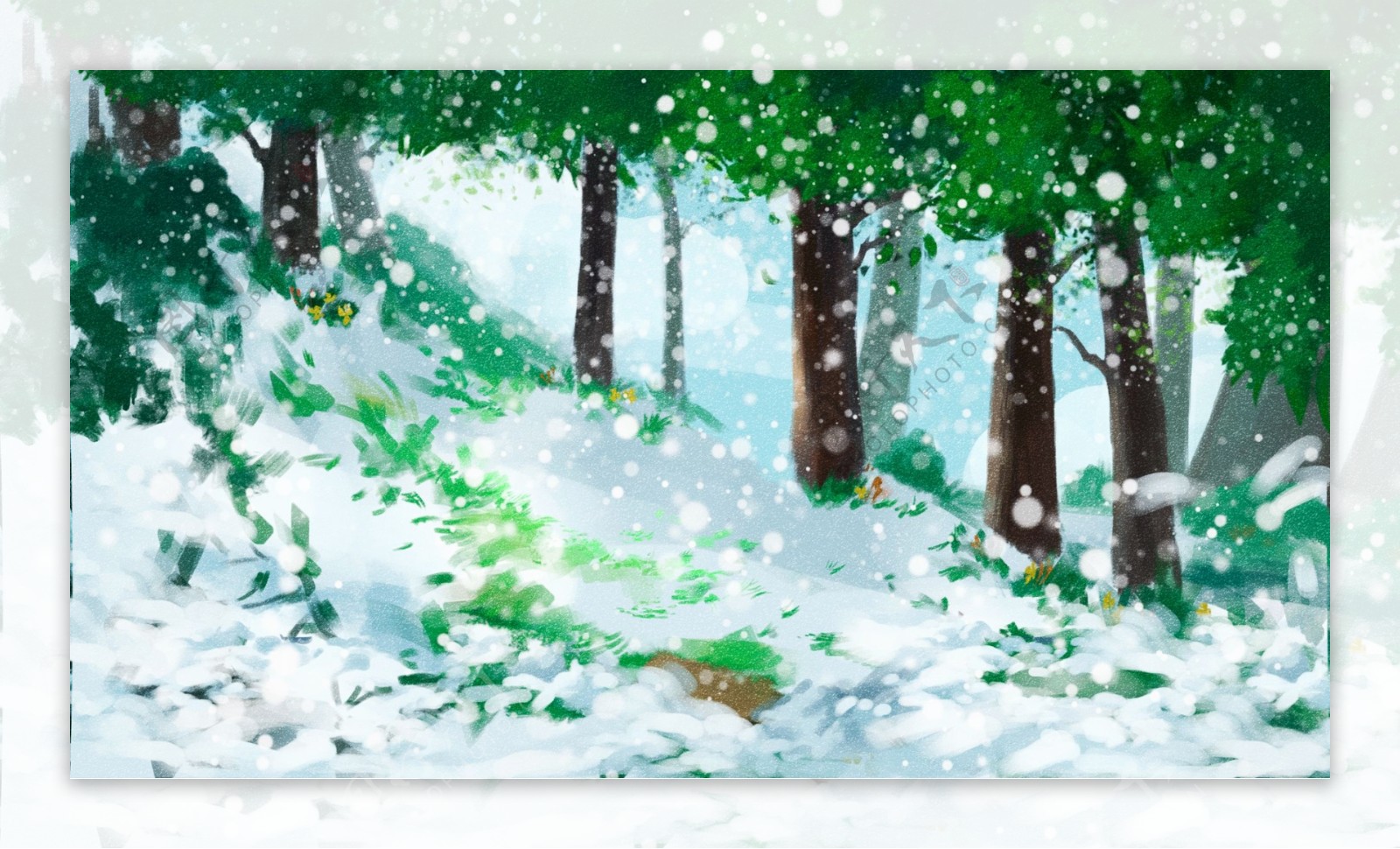 大雪节气手绘绿色植物背景素材