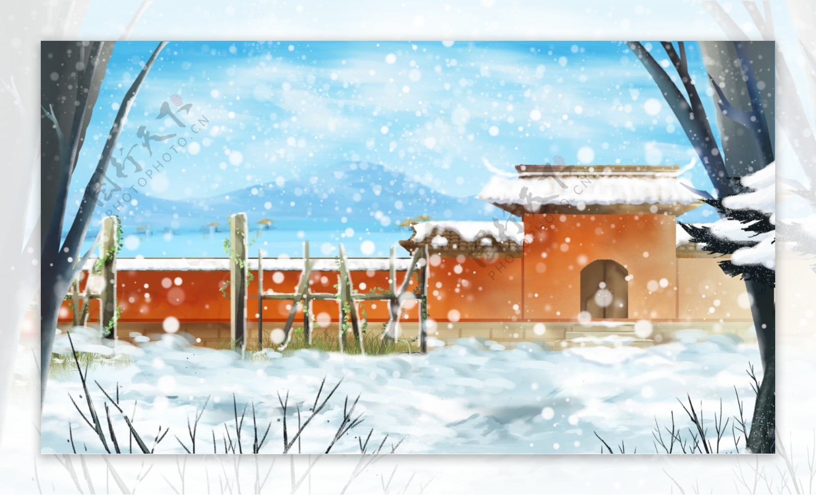 手绘二十四节气大雪建筑物背景素材