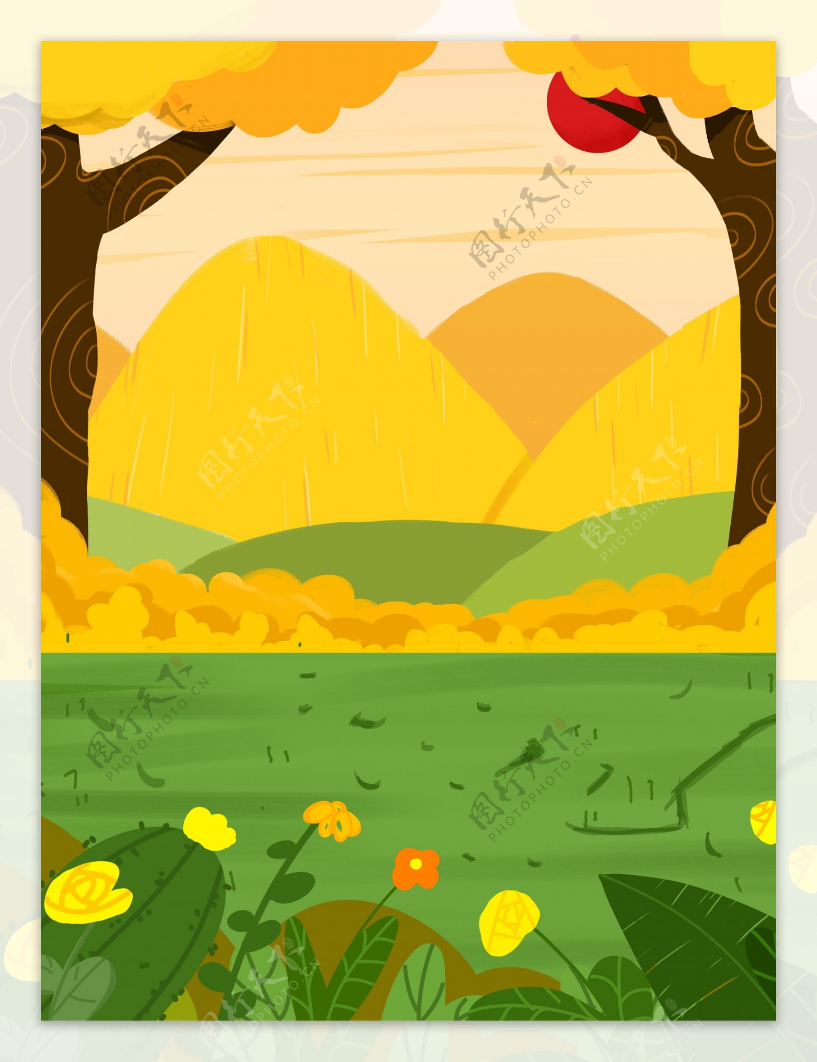 彩绘秋季落叶远山草丛背景素材