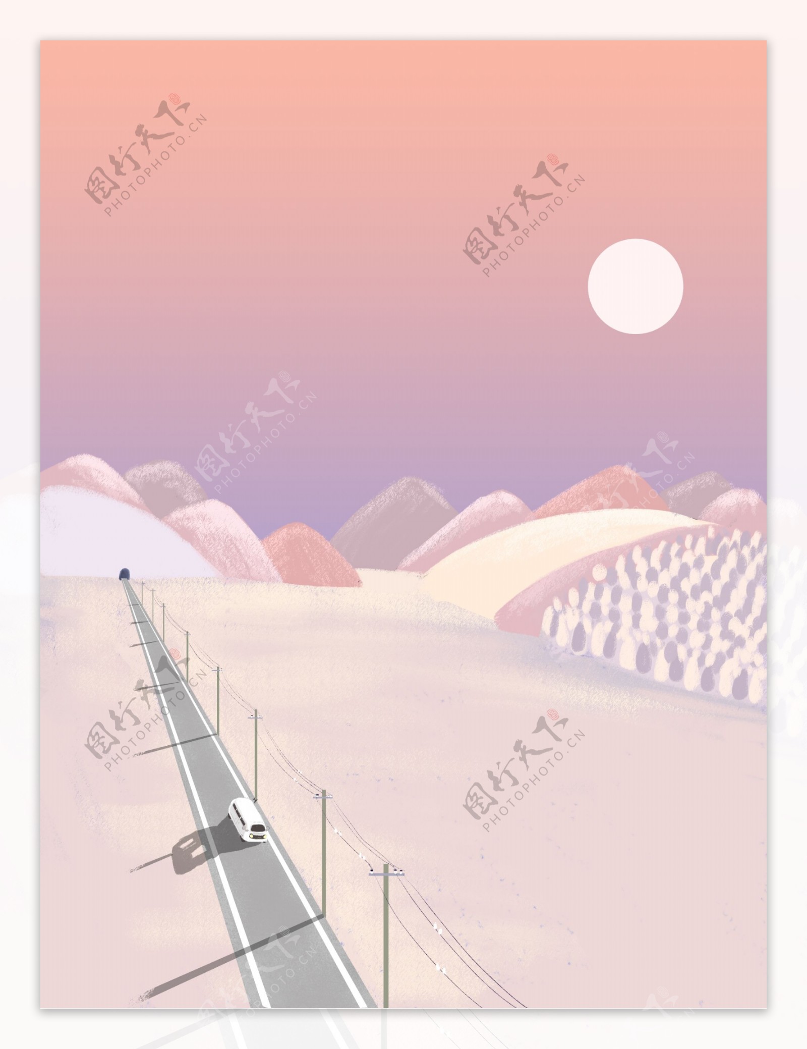 唯美黄昏大雪公路手绘背景素材