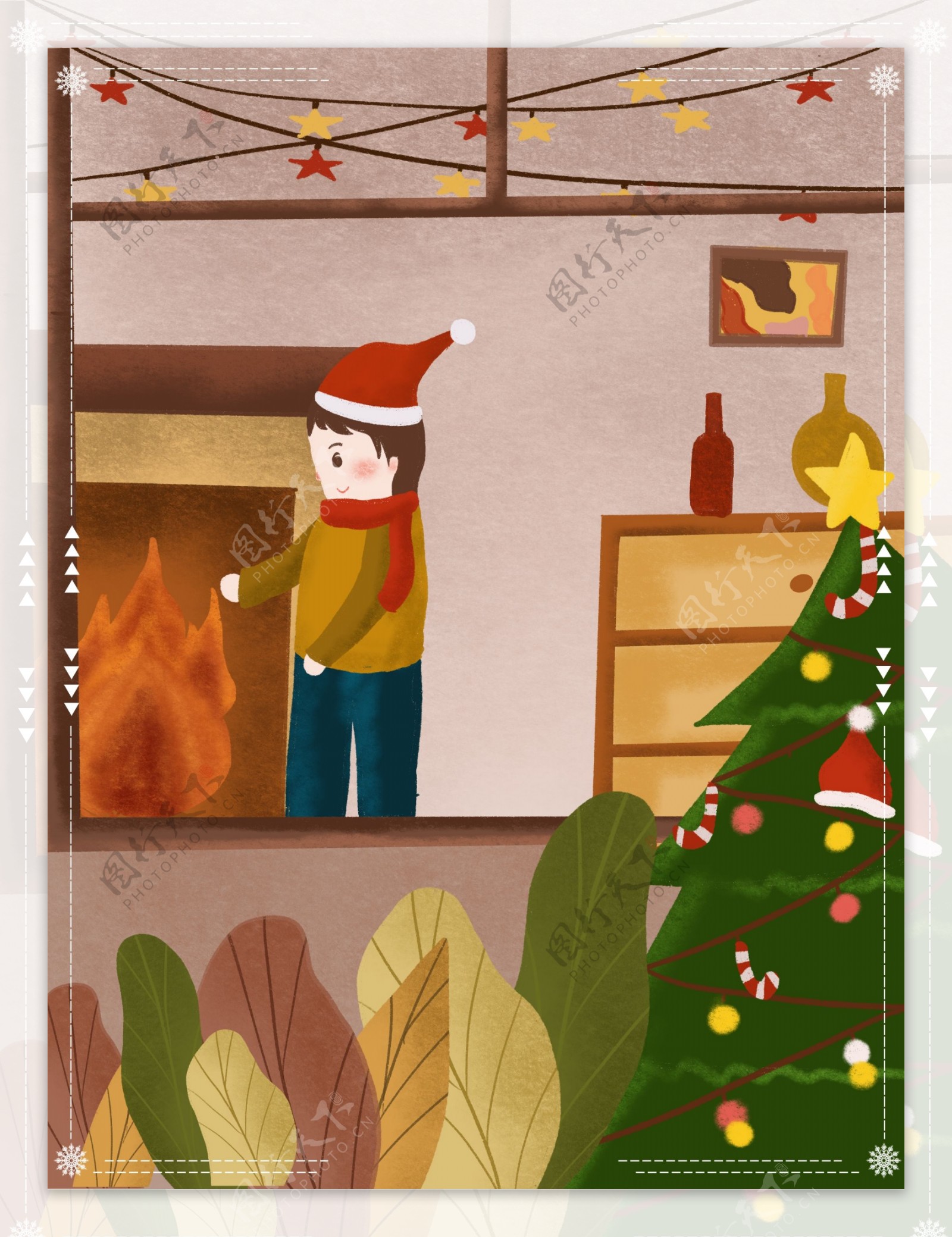 手绘圣诞节男孩取暖背景素材