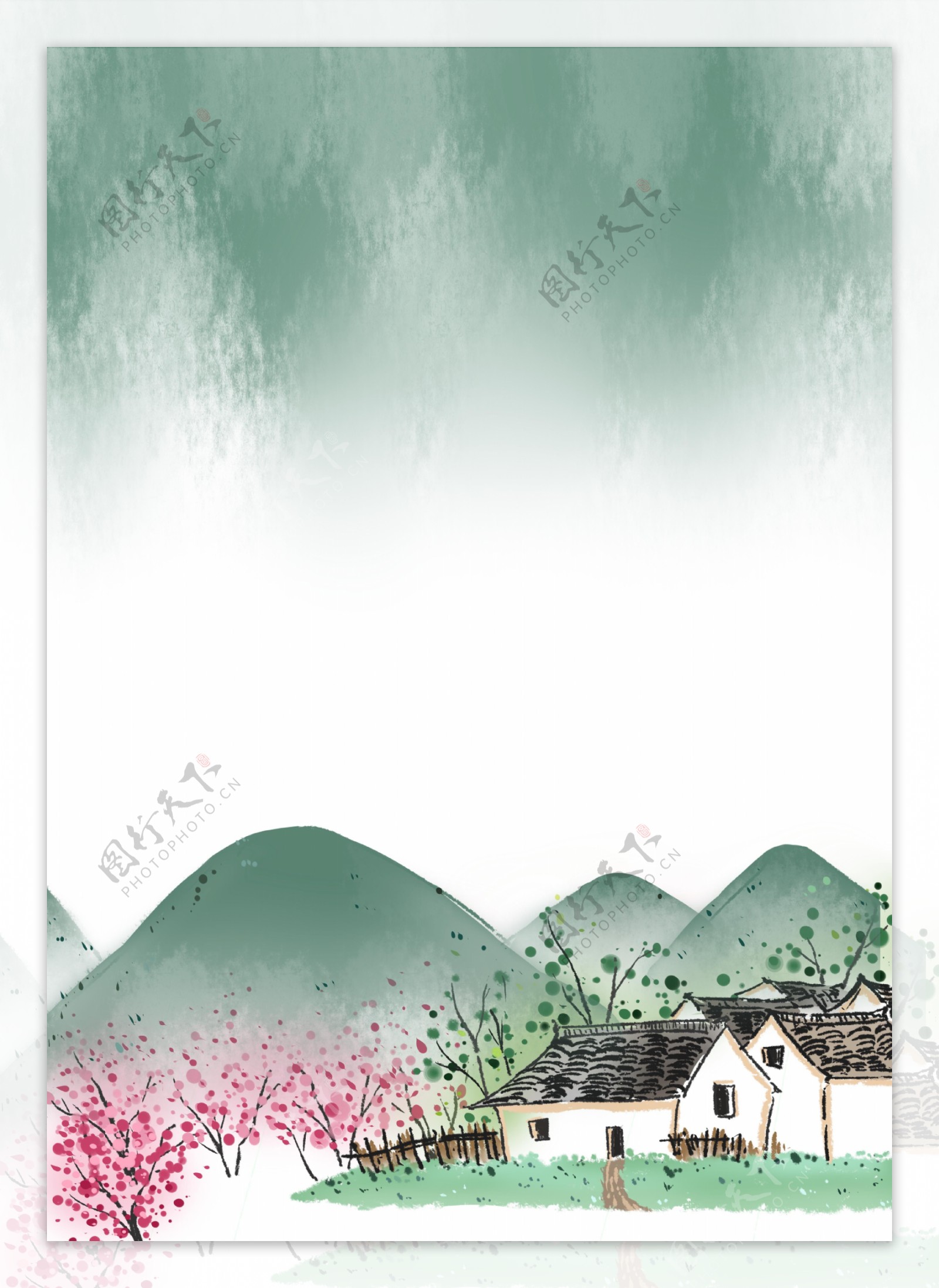 彩绘中国风小屋花园背景