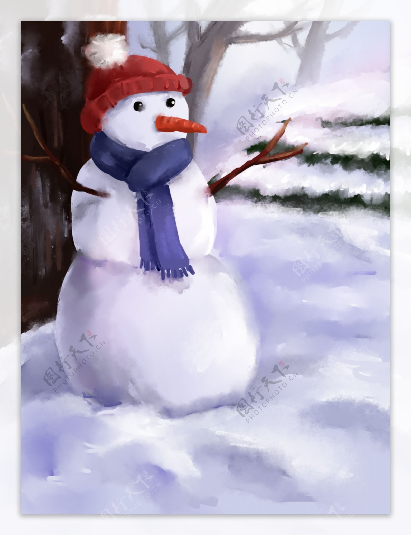 原创冬季雪人雪景插画背景