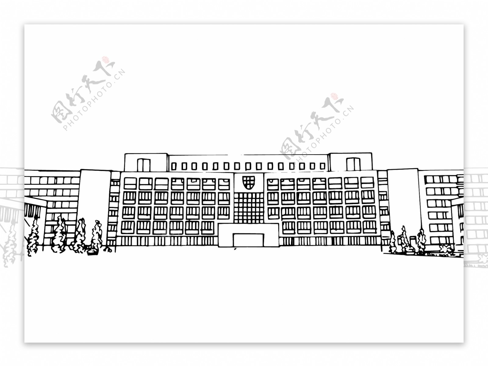 学校建筑场景手绘黑白线条