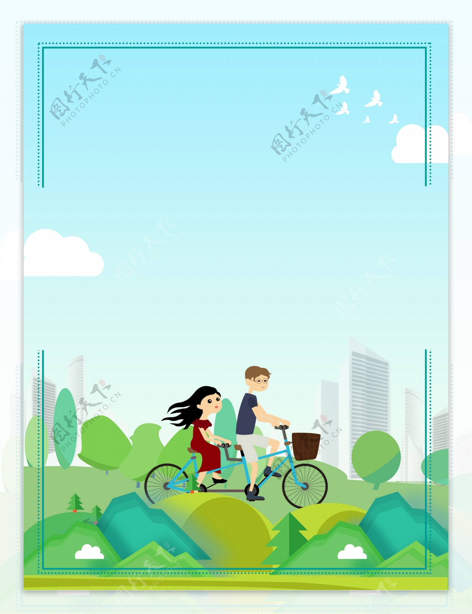 清新春天里骑自行车的人物背景设计