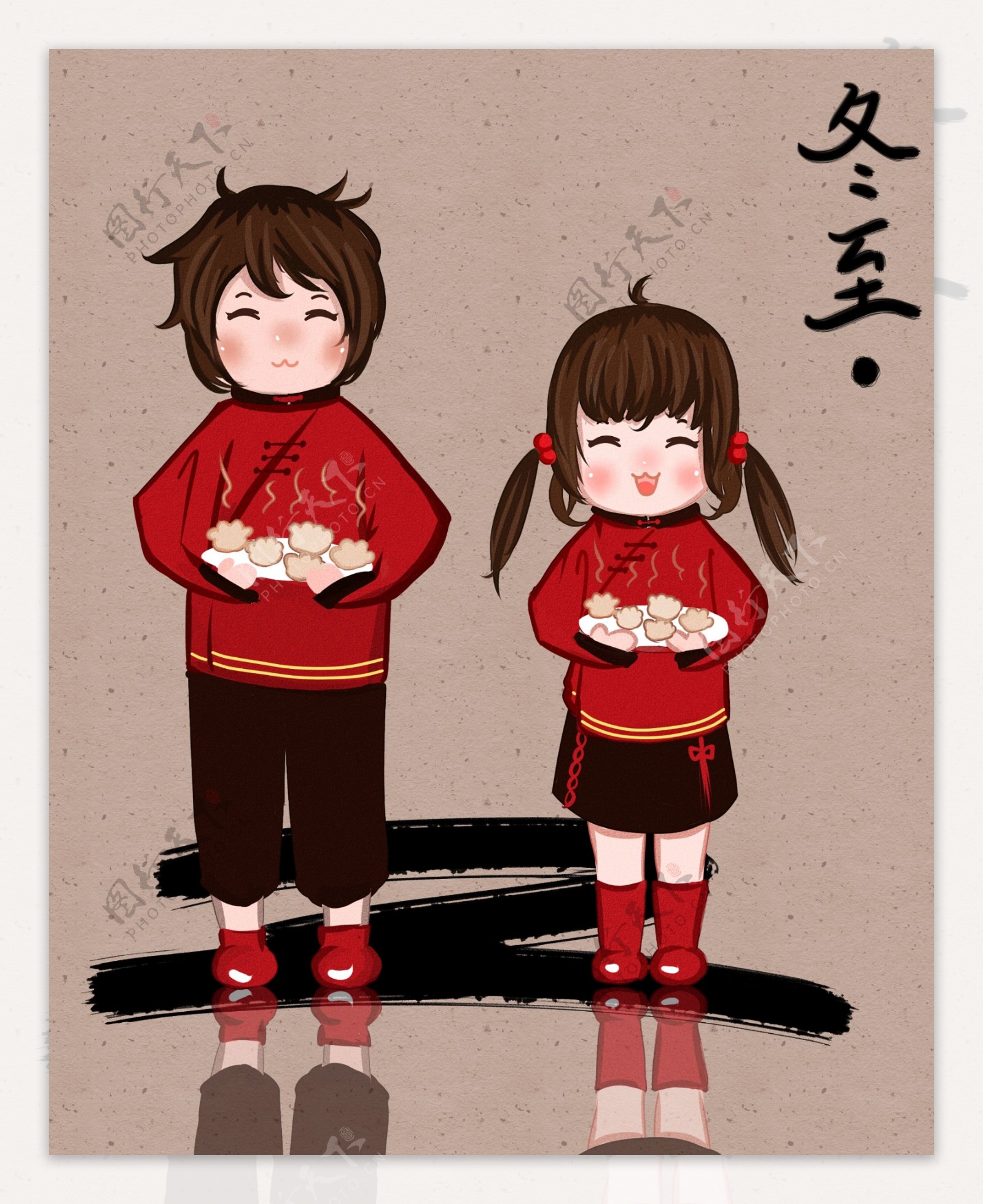 冬至吃饺子唐装男孩女孩