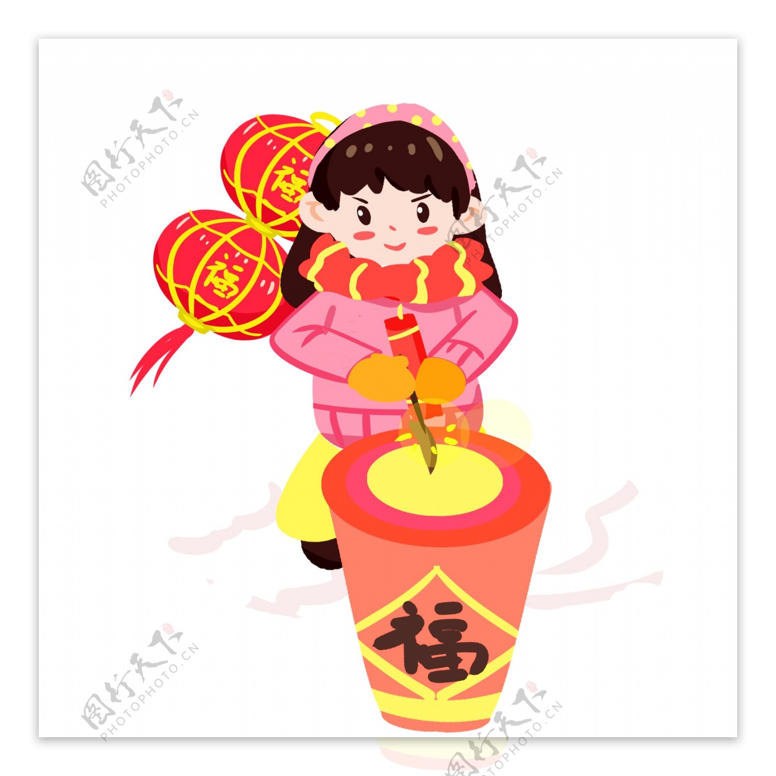 春节传统习俗放鞭炮手绘插画