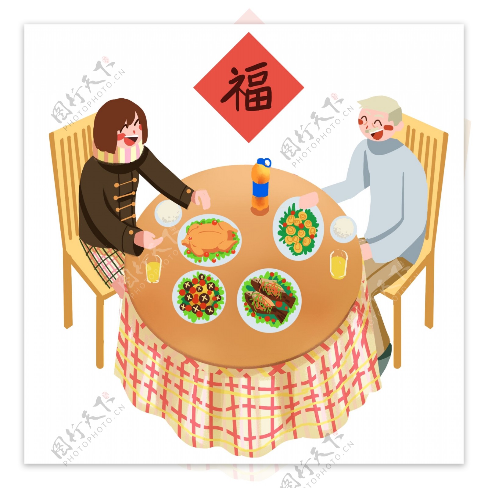 团聚人物和美食插画