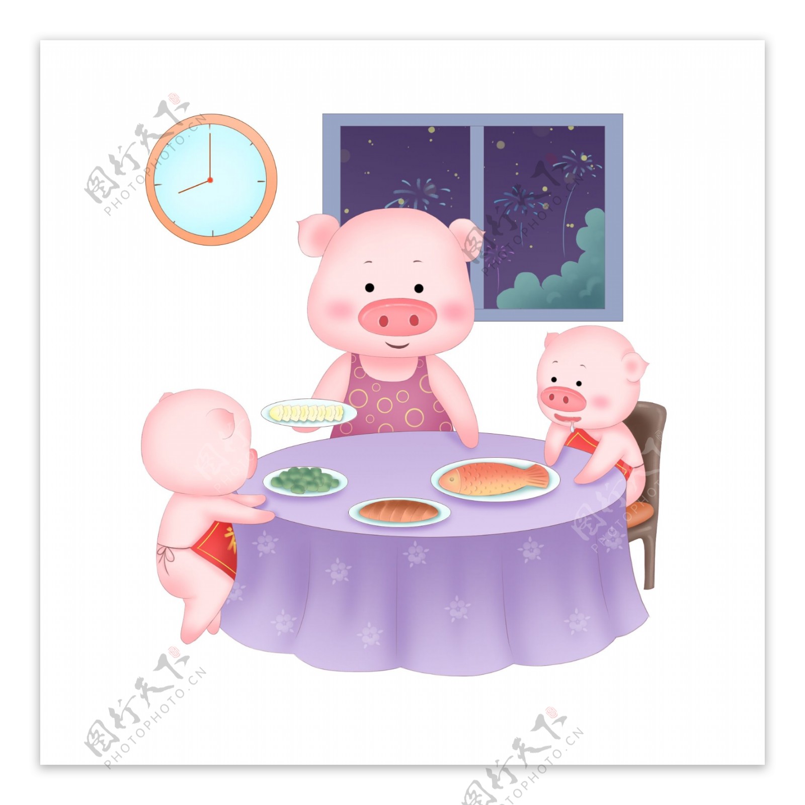 可爱小猪卡通漫画吃饺子