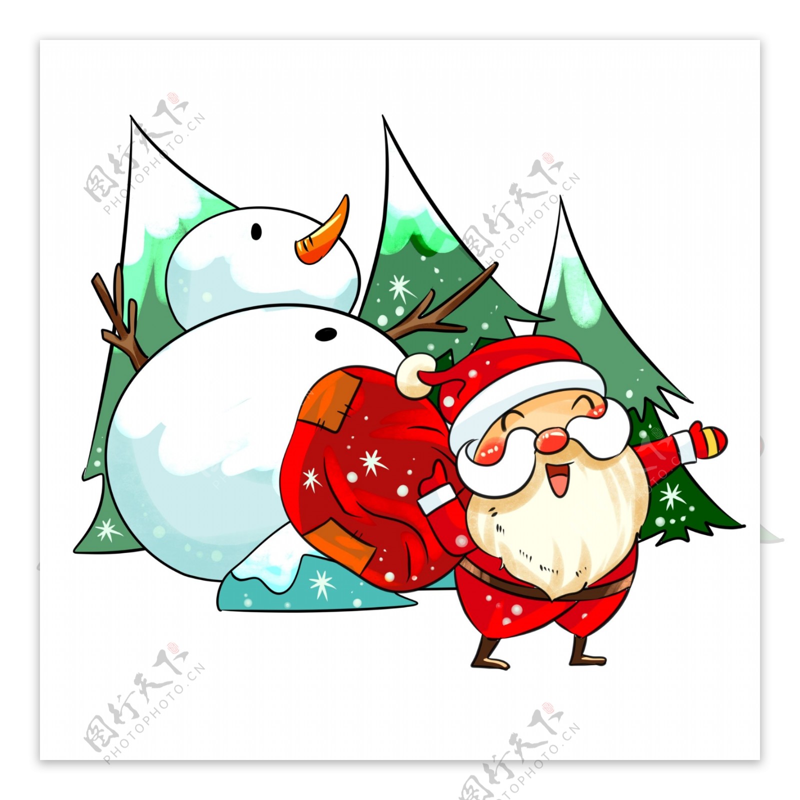 圣诞节圣诞老人送礼物大雪人手绘插画
