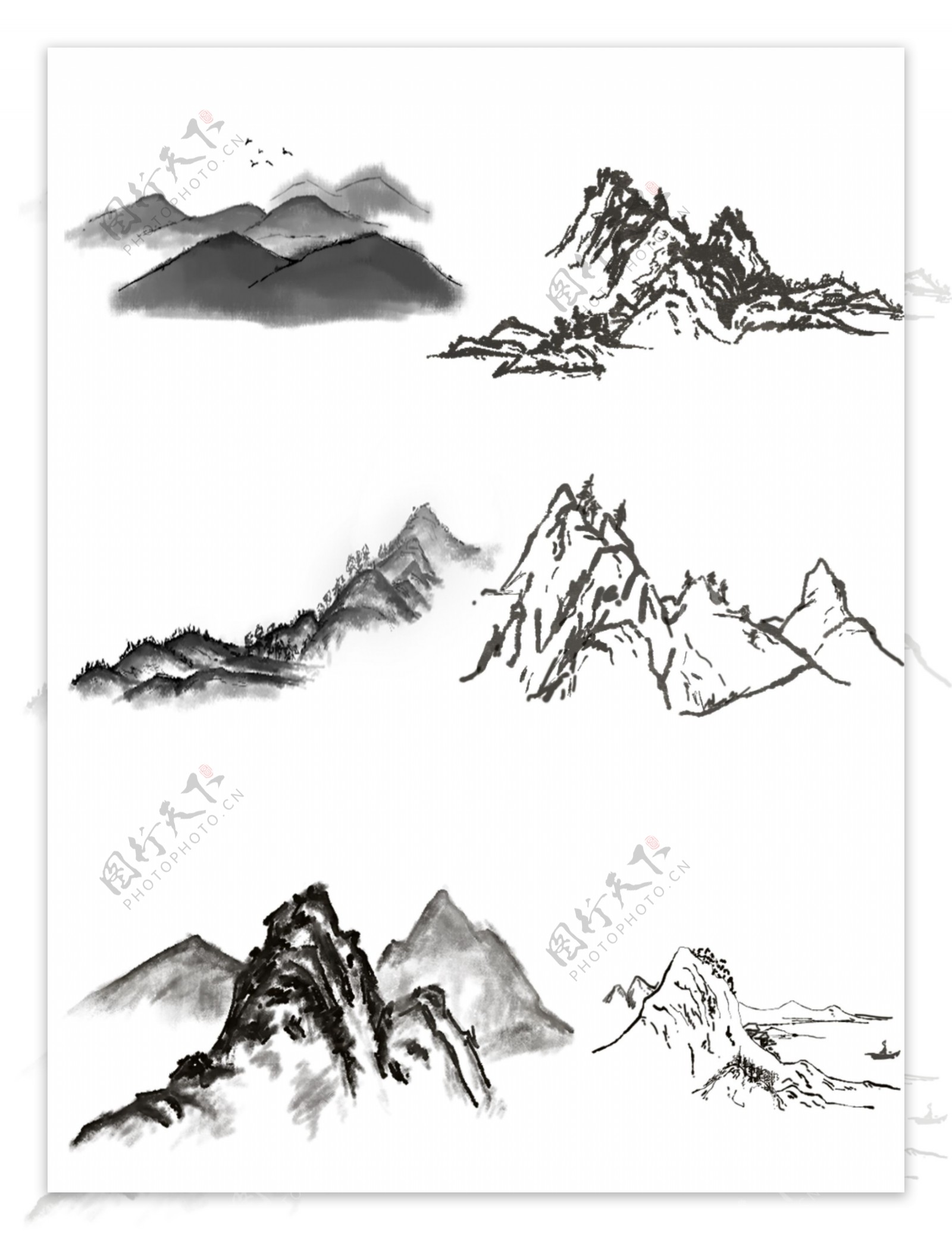 山水画免抠元素国画水墨画风景黑白手绘素材