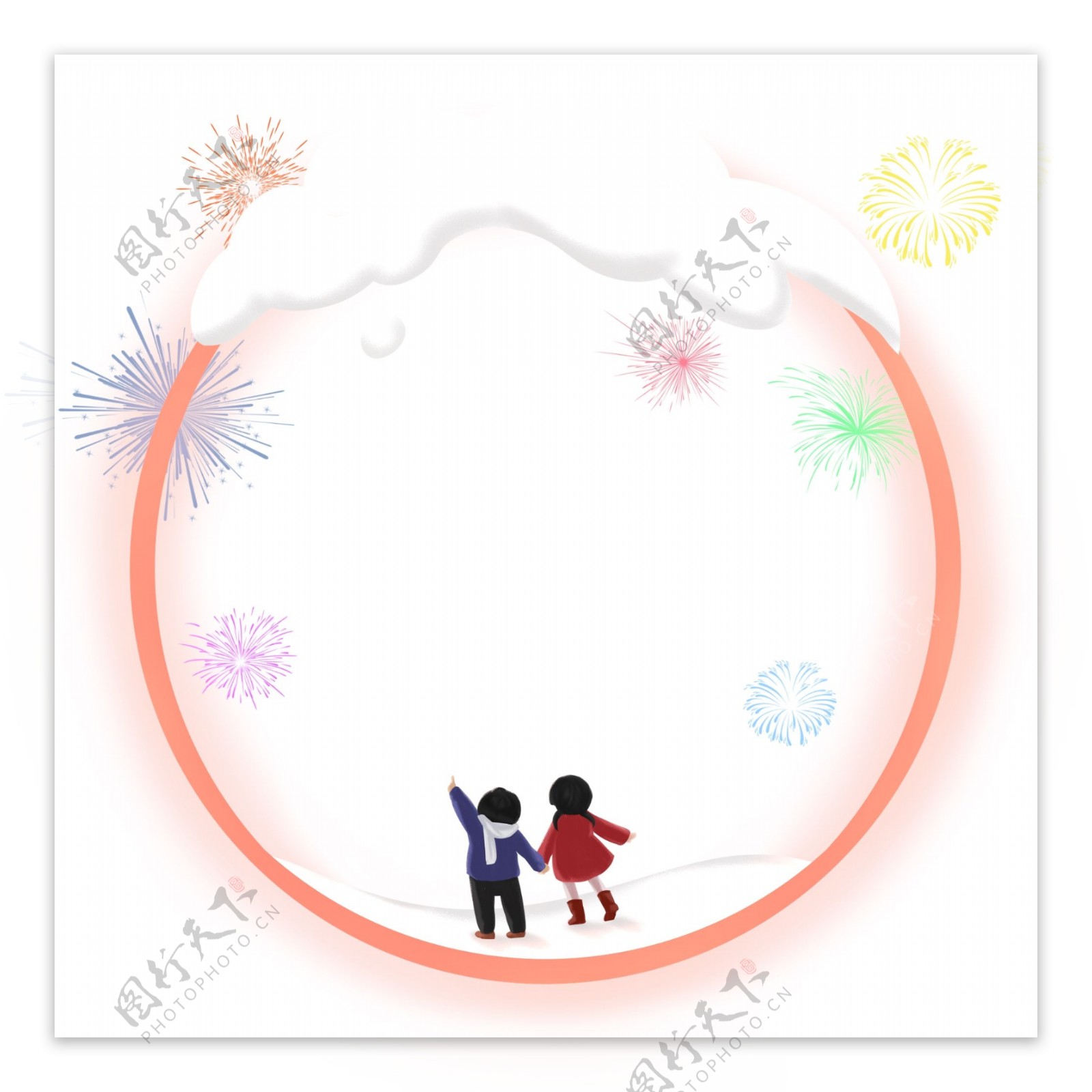 手绘春节新年边框圆形发光小孩烟花可商用