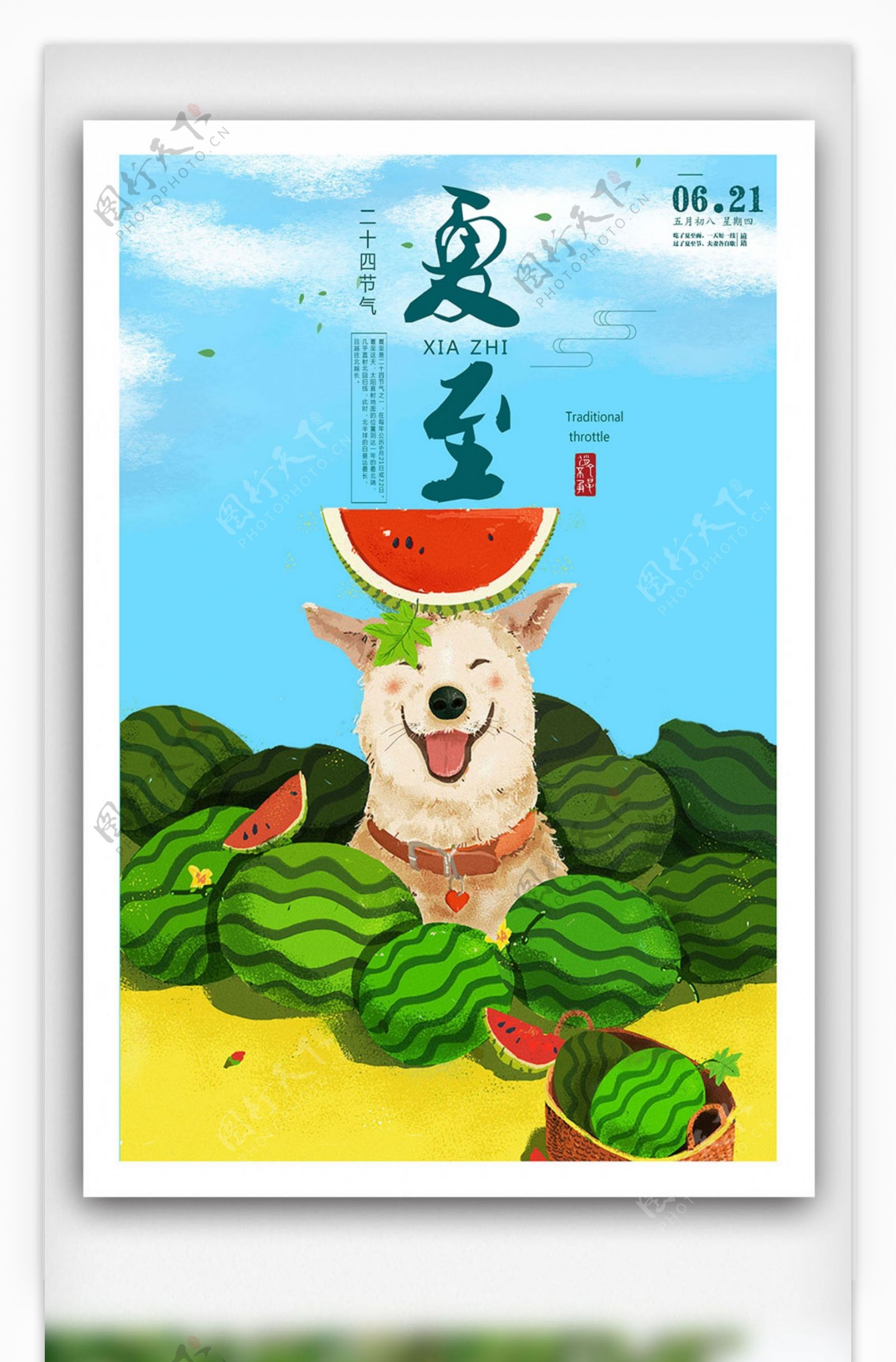 传统节气之夏至狗狗吃西瓜插画海报
