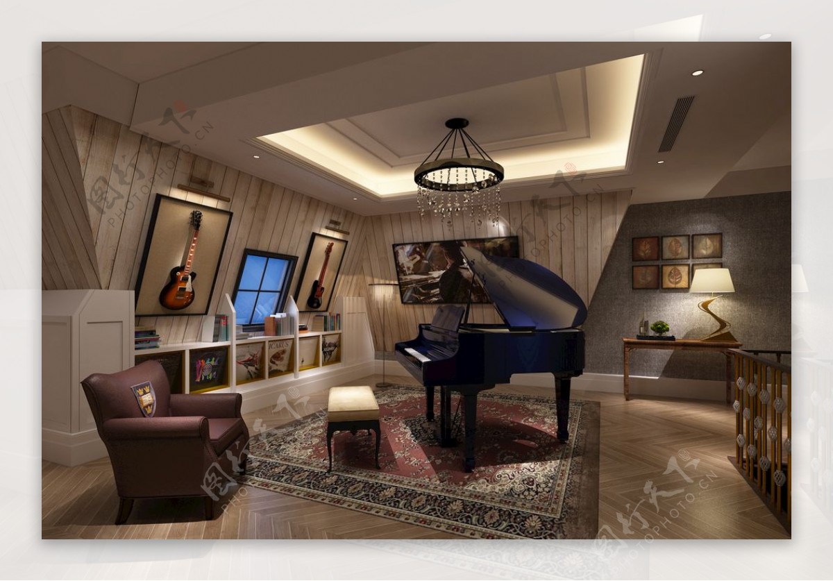 欧式客厅钢琴效果图3D模型