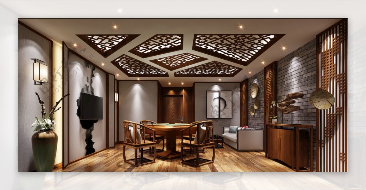 新中式客餐厅3D模型效果图