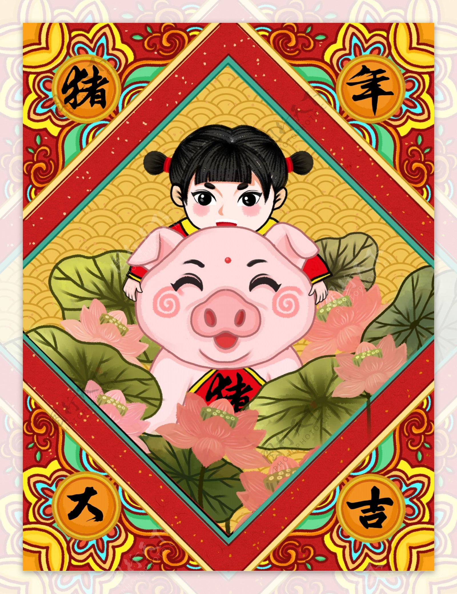 中国风水墨猪年春节猪形象福娃年画插画