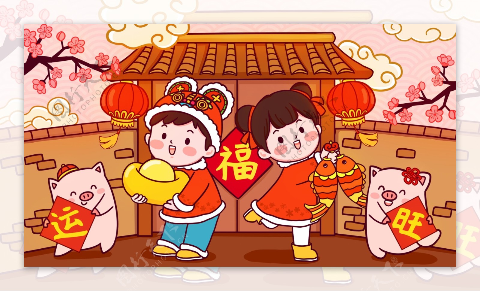 2019新年贺图猪年快乐潮漫卡通插画