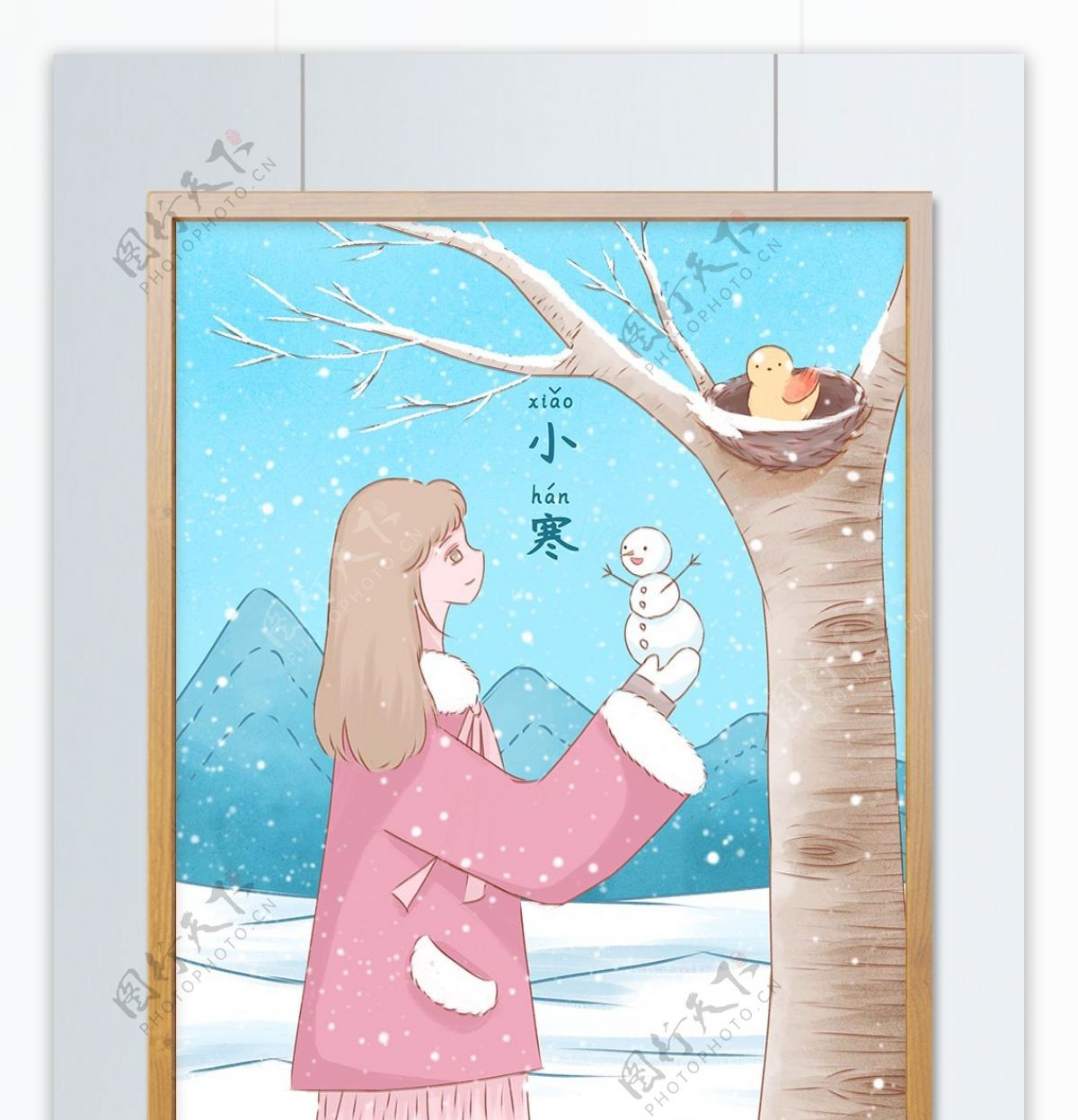 节气小寒清新水彩插画雪中捧着小雪人的女孩