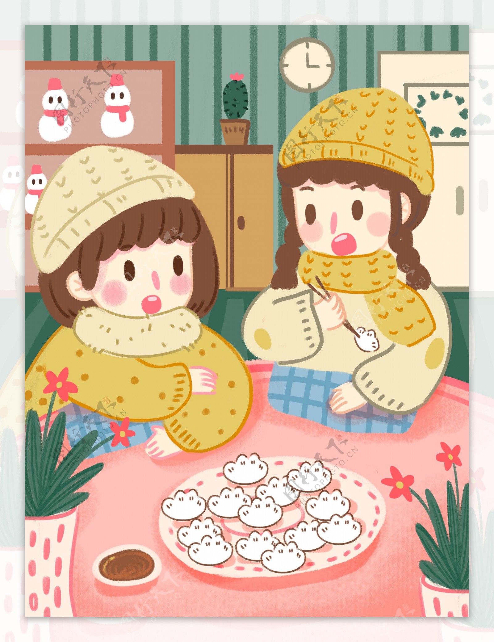 扁平小清新冬至在家吃饺子的小女孩吃饺子
