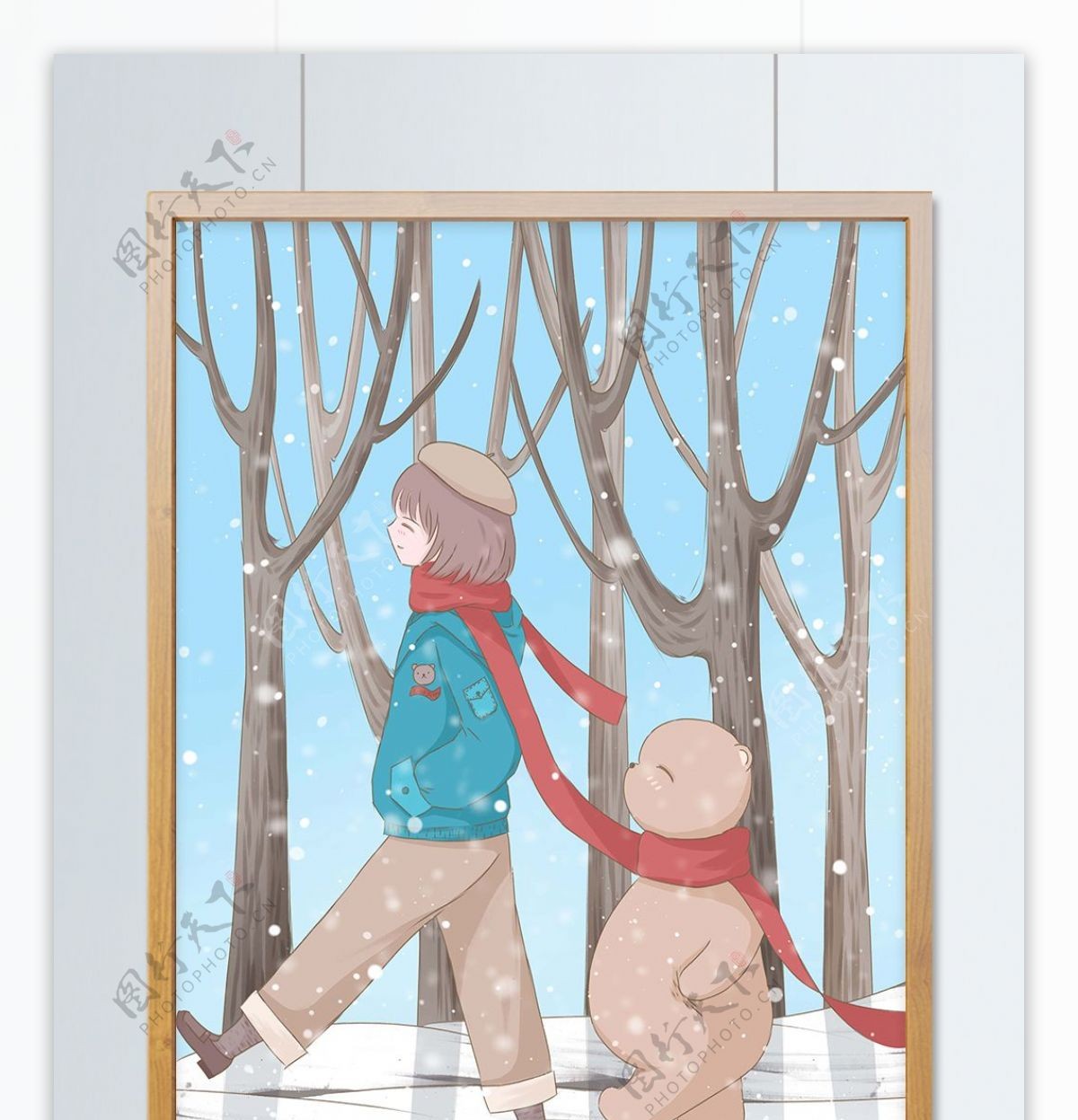 冬至插画冬天树林里散步的女孩和小熊