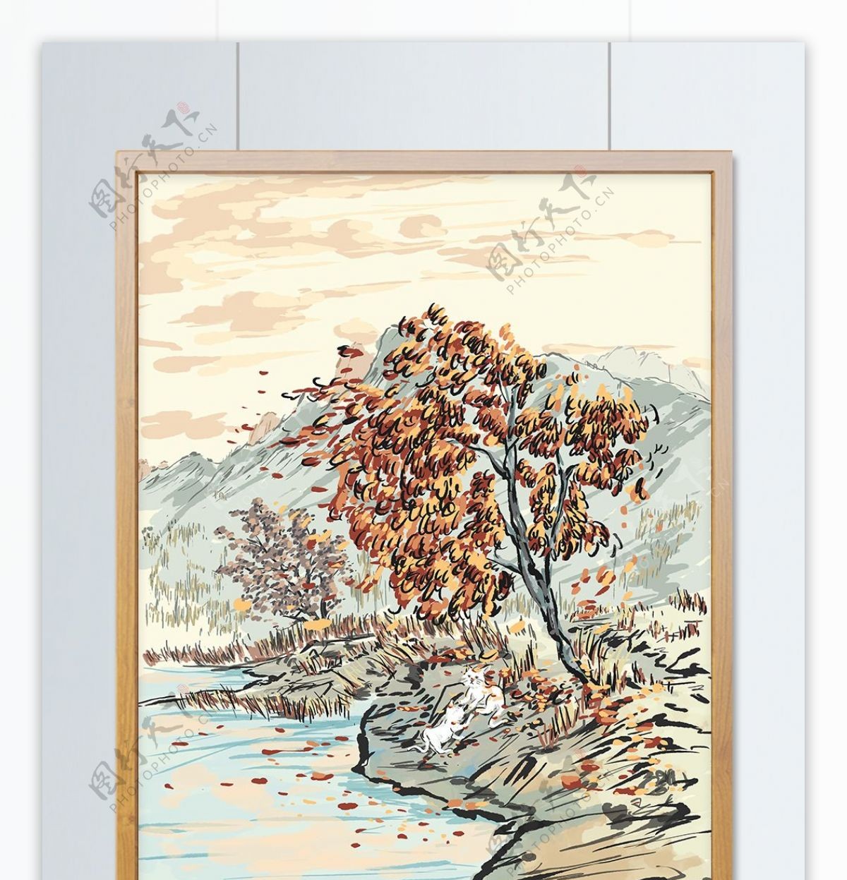 原创中国风水墨插画秋季的落叶天