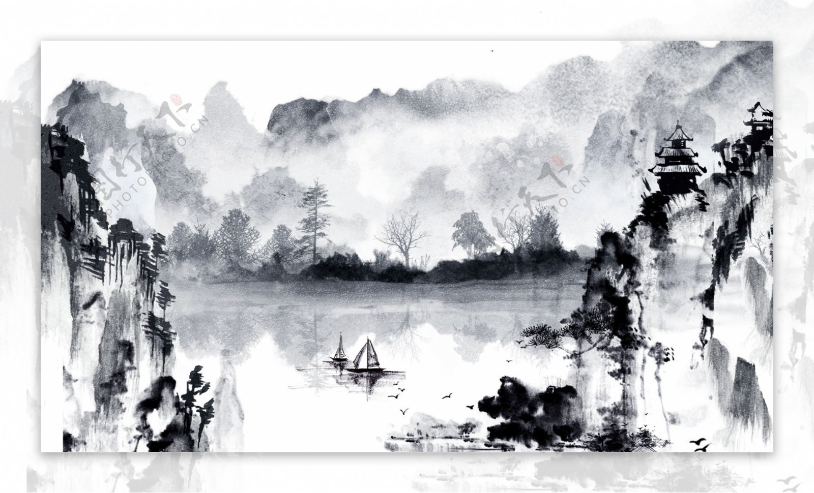 唯美古风中国风水彩画水墨画山水画风景插画