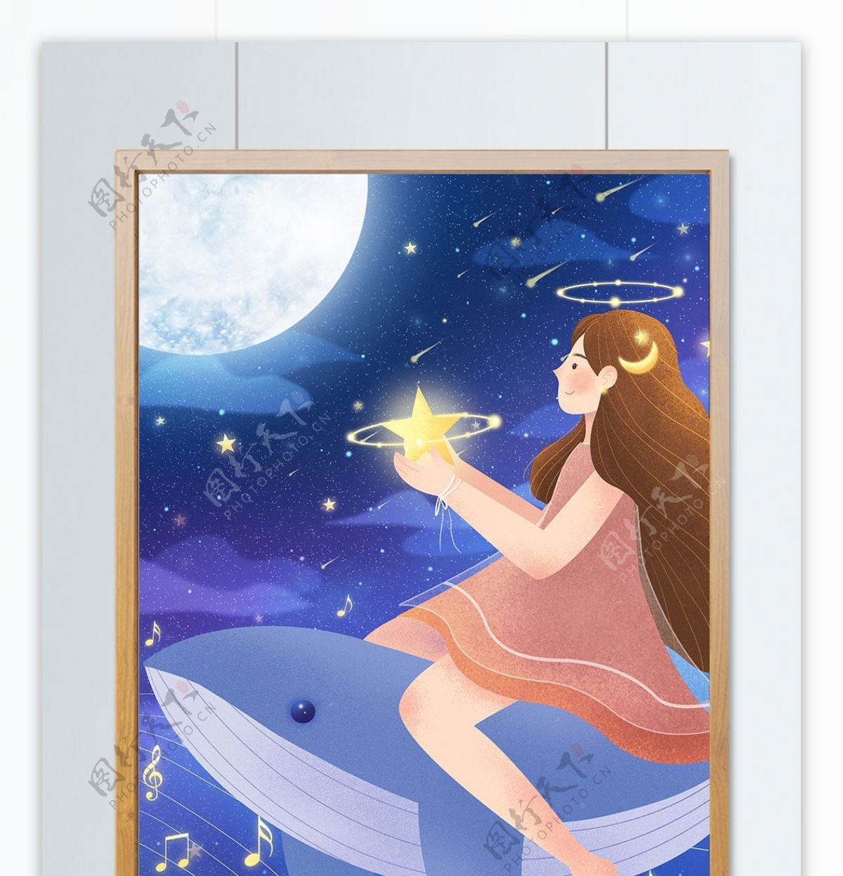治愈系插画坐在鲸鱼身上眺望星空的少女