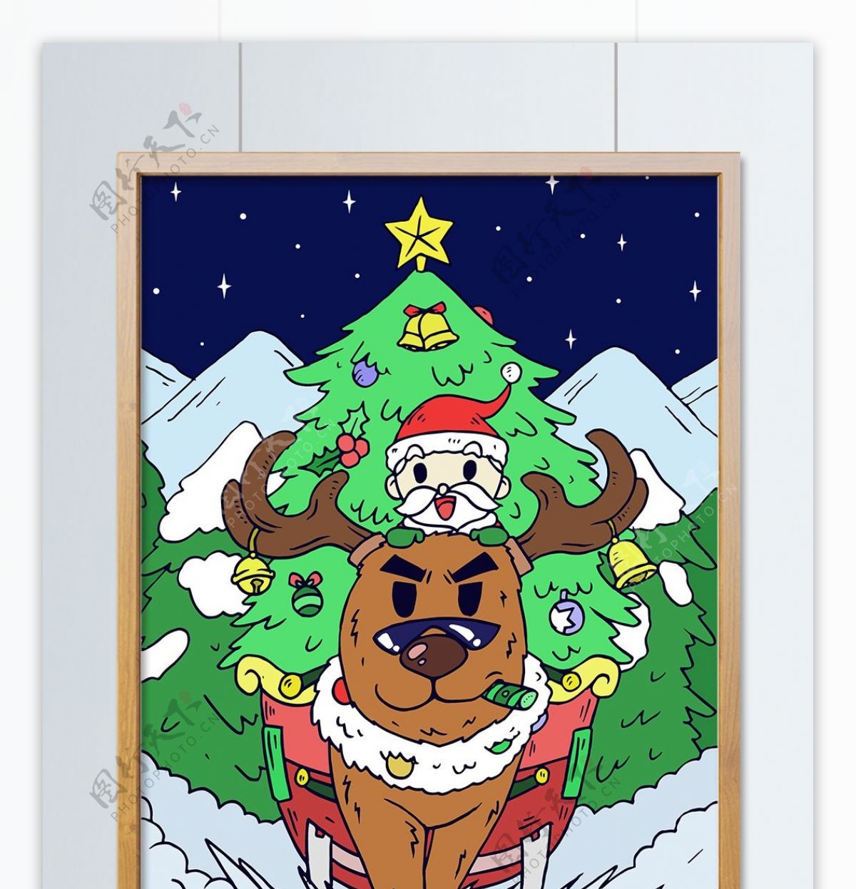 圣诞节圣诞树雪橇铃铛驯鹿彩带星空圣诞老人