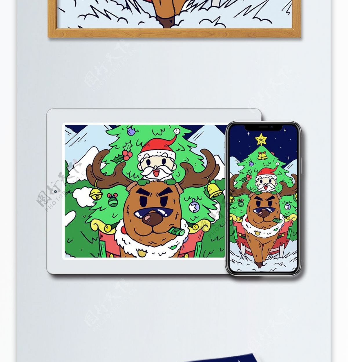 圣诞节圣诞树雪橇铃铛驯鹿彩带星空圣诞老人