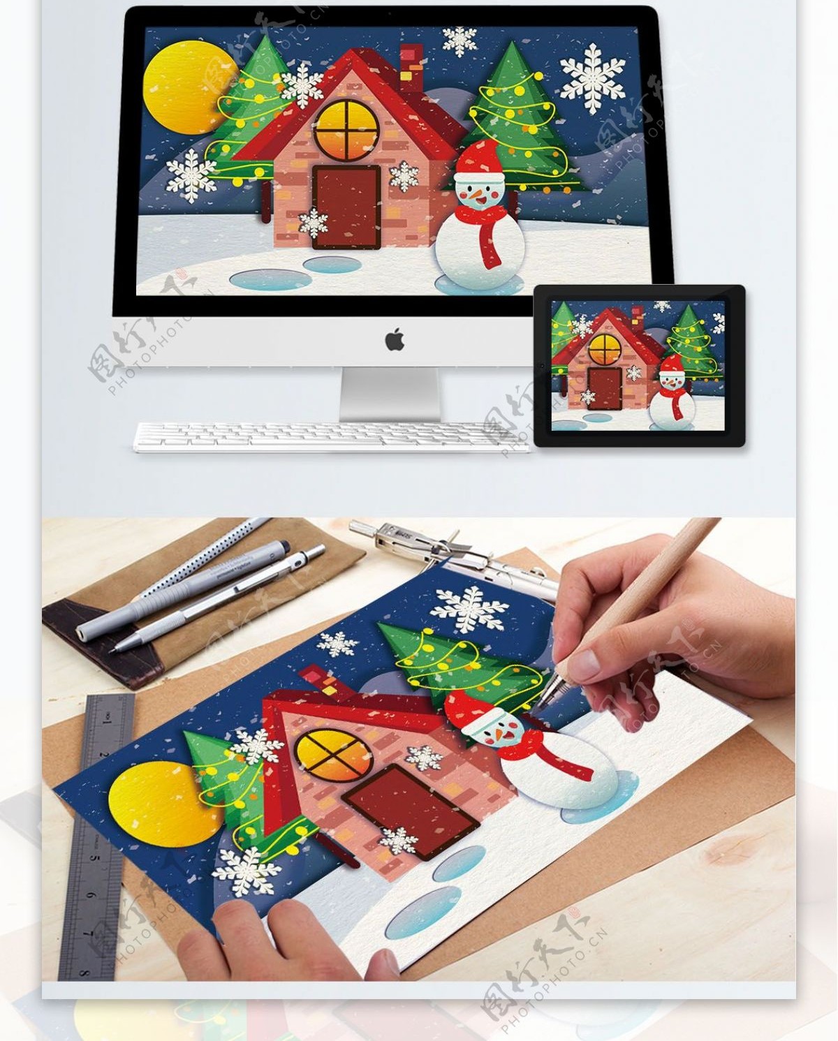 圣诞节剪纸风温馨小屋和雪人矢量插画