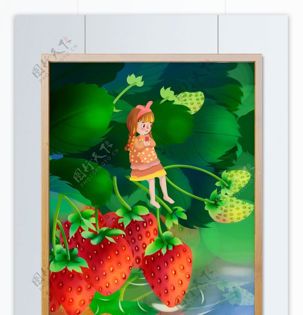 创意水果插画女孩坐在水边草莓叶子上喝果汁