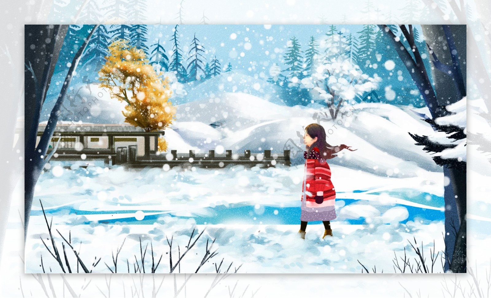 清新初雪冬季唯美风景大雪小雪节气插画