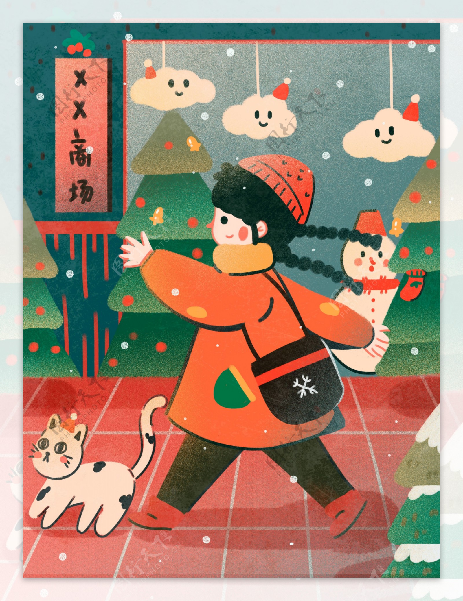 圣诞节下雪天走在街头商场的小女孩和猫咪