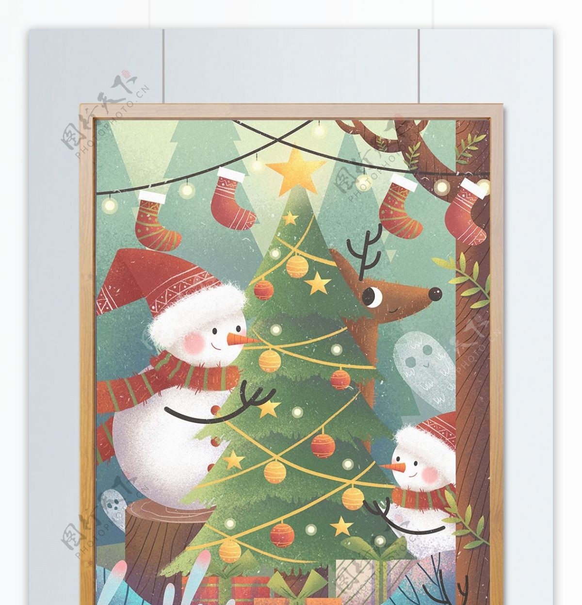 原创圣诞节插画装饰圣诞树的雪人