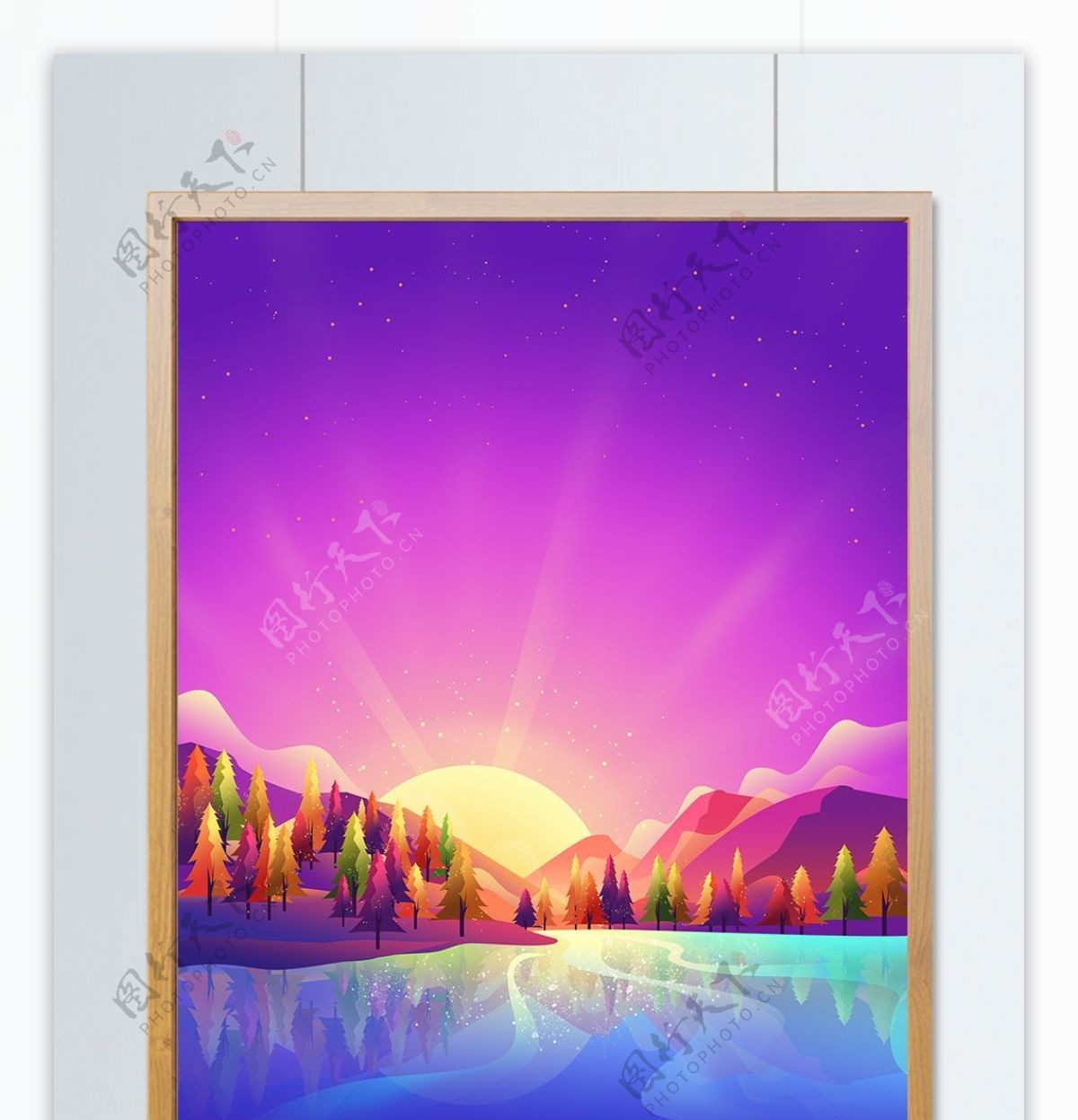 原创渐变插画蓝紫色夏日风景湖边的日出