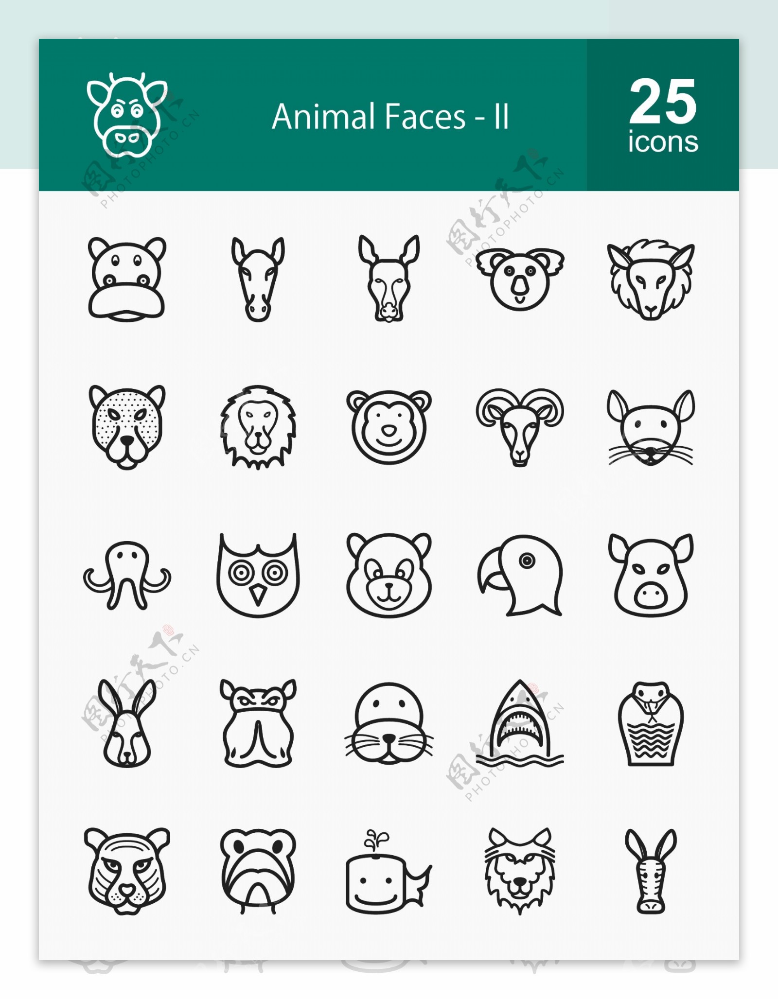 25款黑色世界动物头像icon图标