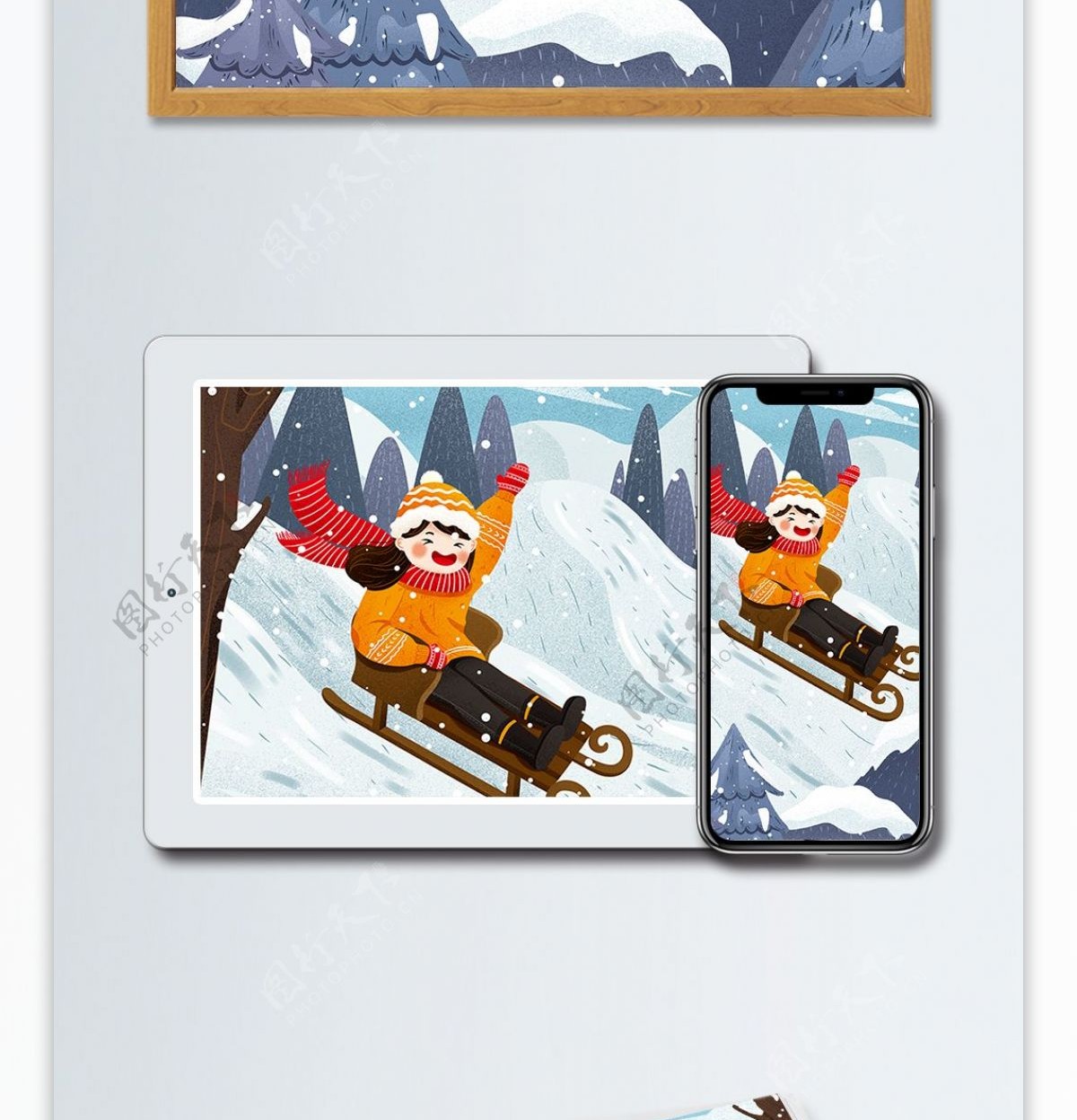 唯美女孩冬季滑雪冬天雪景插画