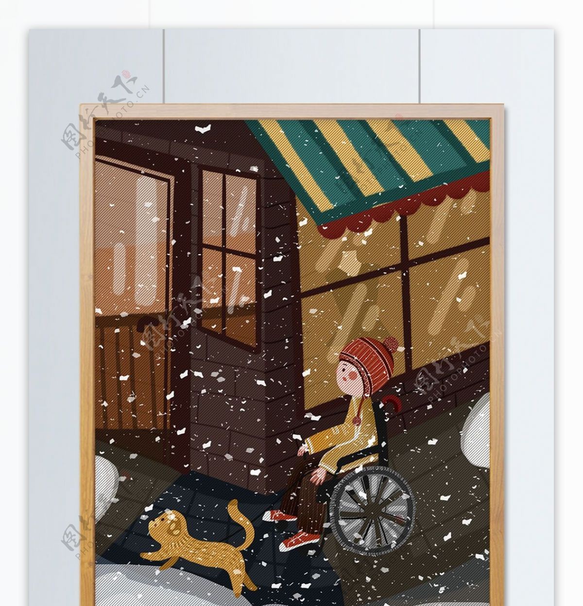 国际残疾人日坐轮椅的人在大雪中插画