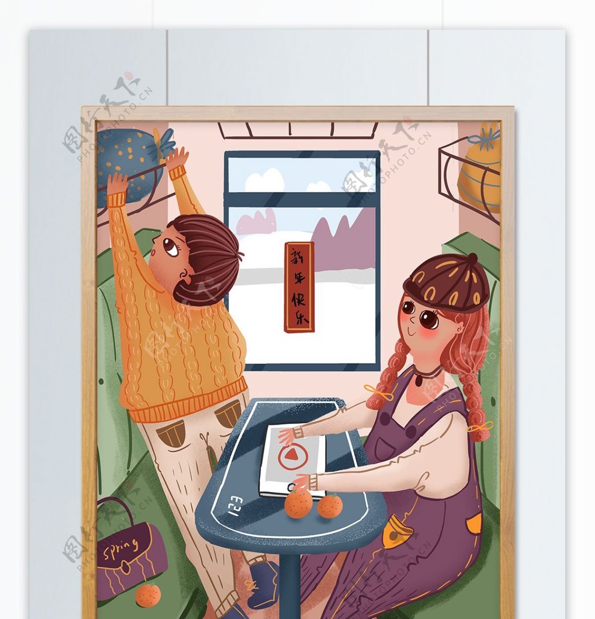 春运回家之男女坐火车放行李手绘插画
