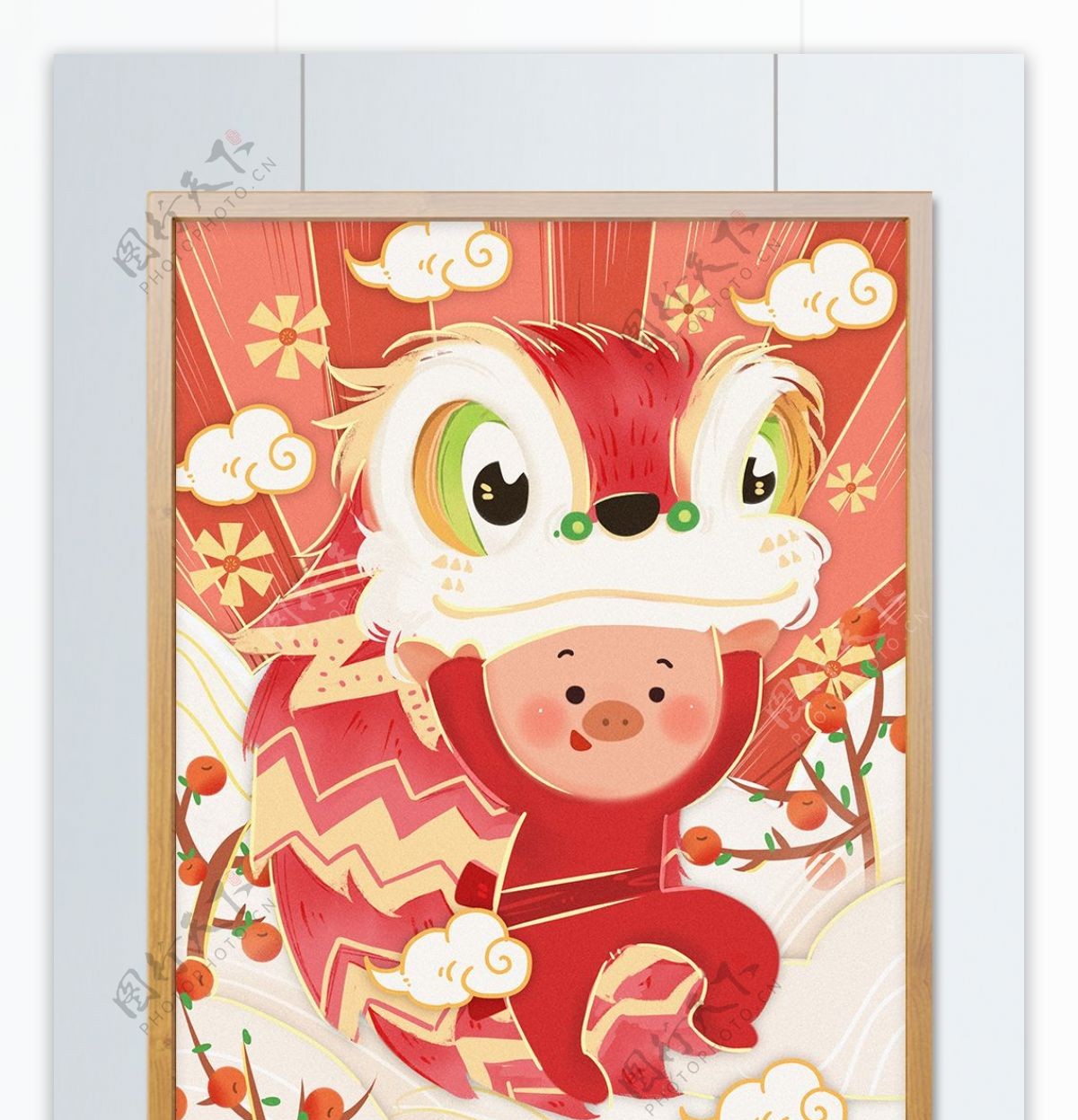 舞狮子猪年快乐春节节庆红色元旦跨年