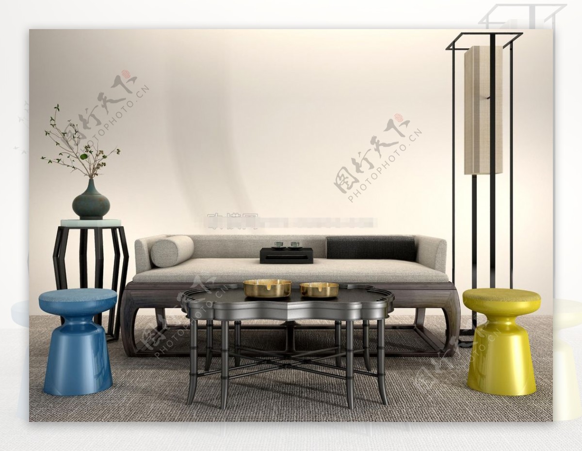 3d渲染现代简约中式沙发