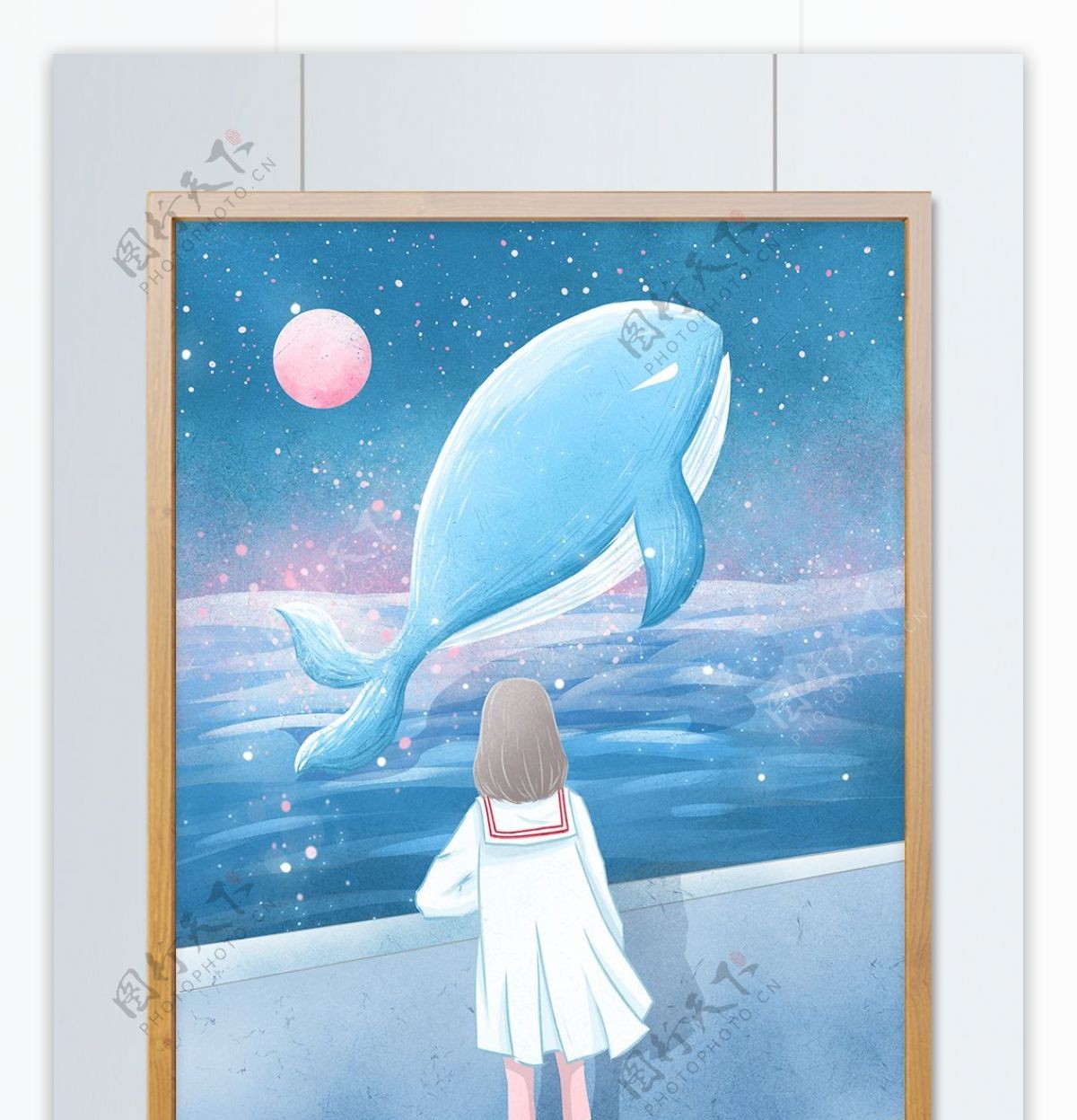 治愈系插画海蓝时见鲸海边看鲸的女孩