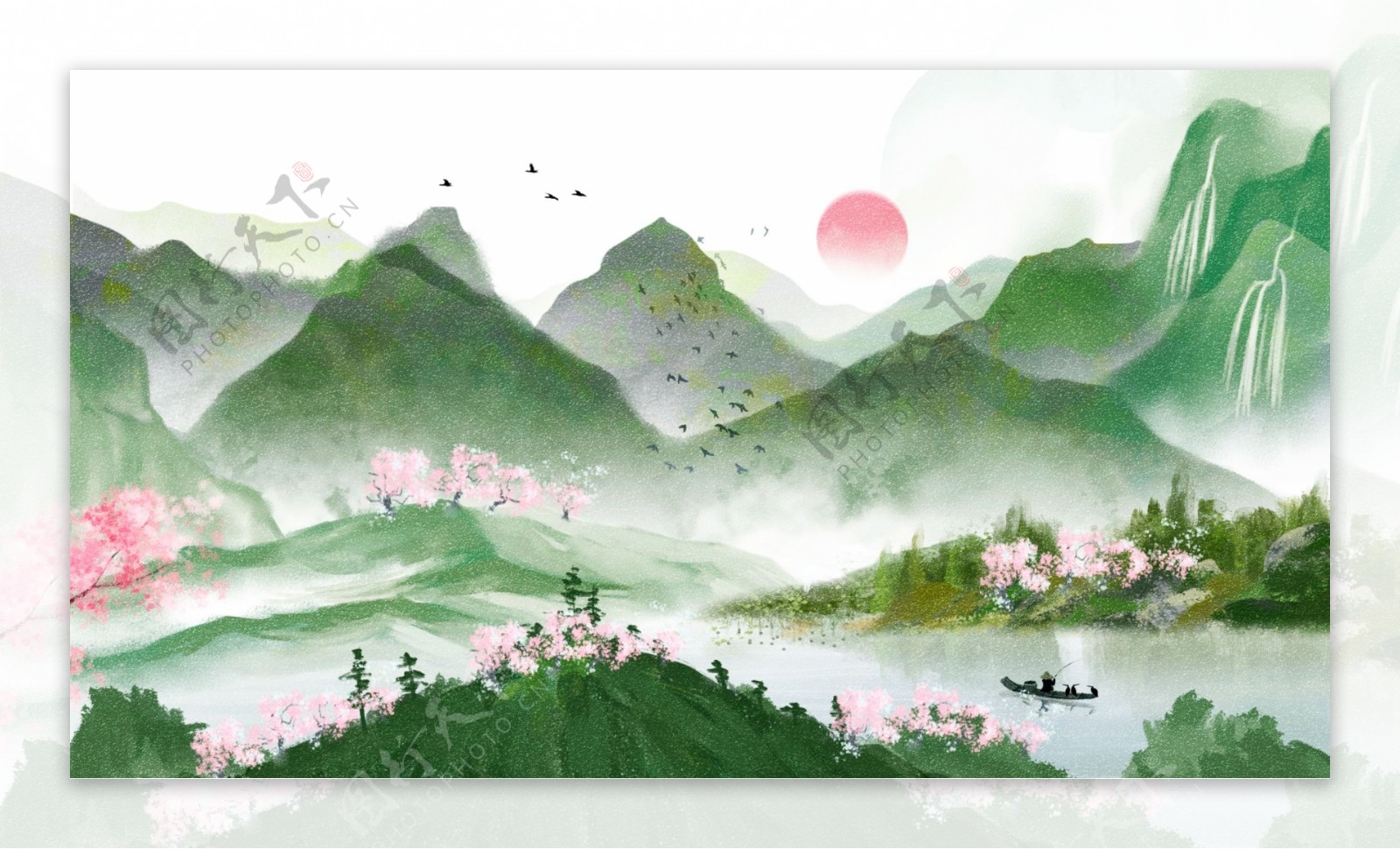 唯美古风中国风水彩画水墨画插画