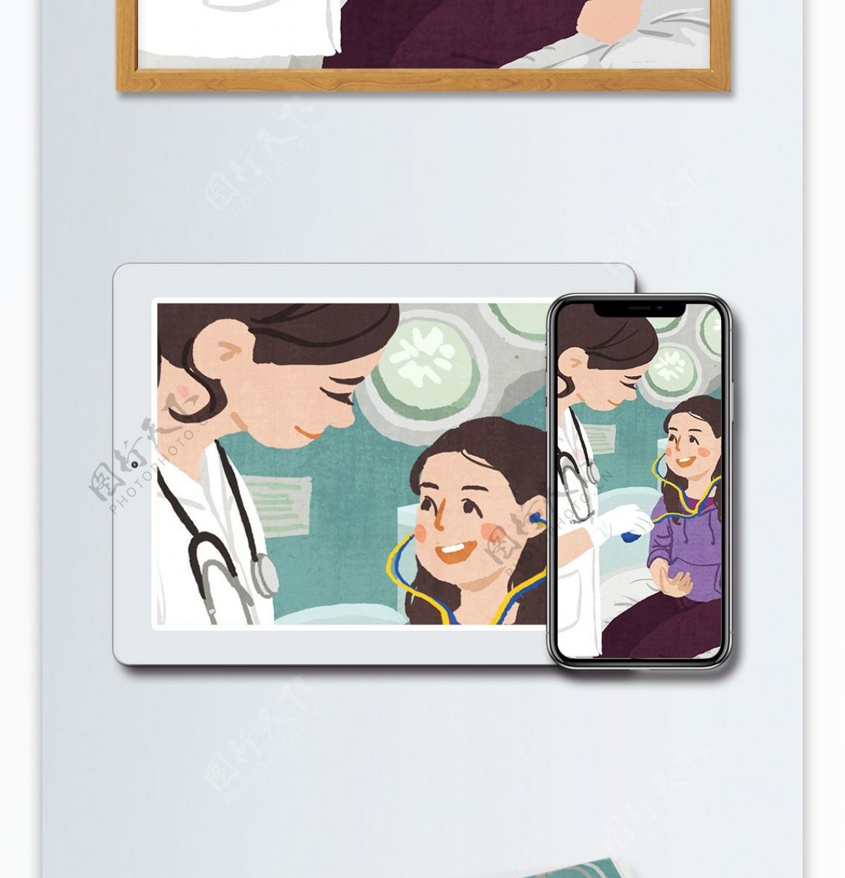 医疗场景医生和看病的小姑娘原创手绘插画