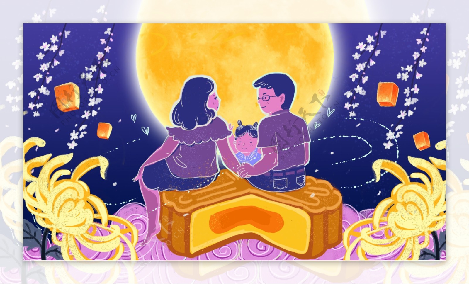 中秋节花好月圆一家人坐大月饼上赏月