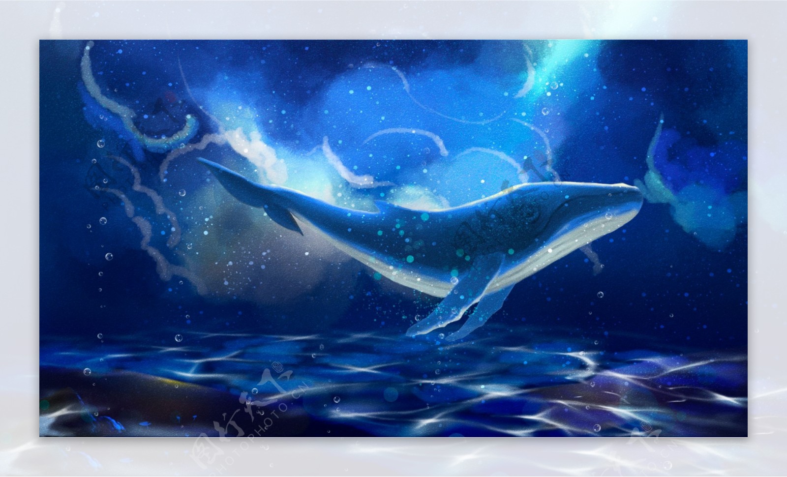 唯美手绘梦幻大海与鲸治愈系梦游仙境插画