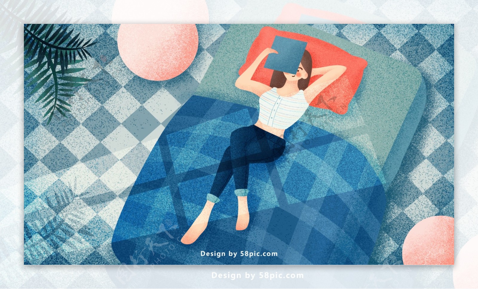 清新唯美躺在床上看书的女孩原创插画海报