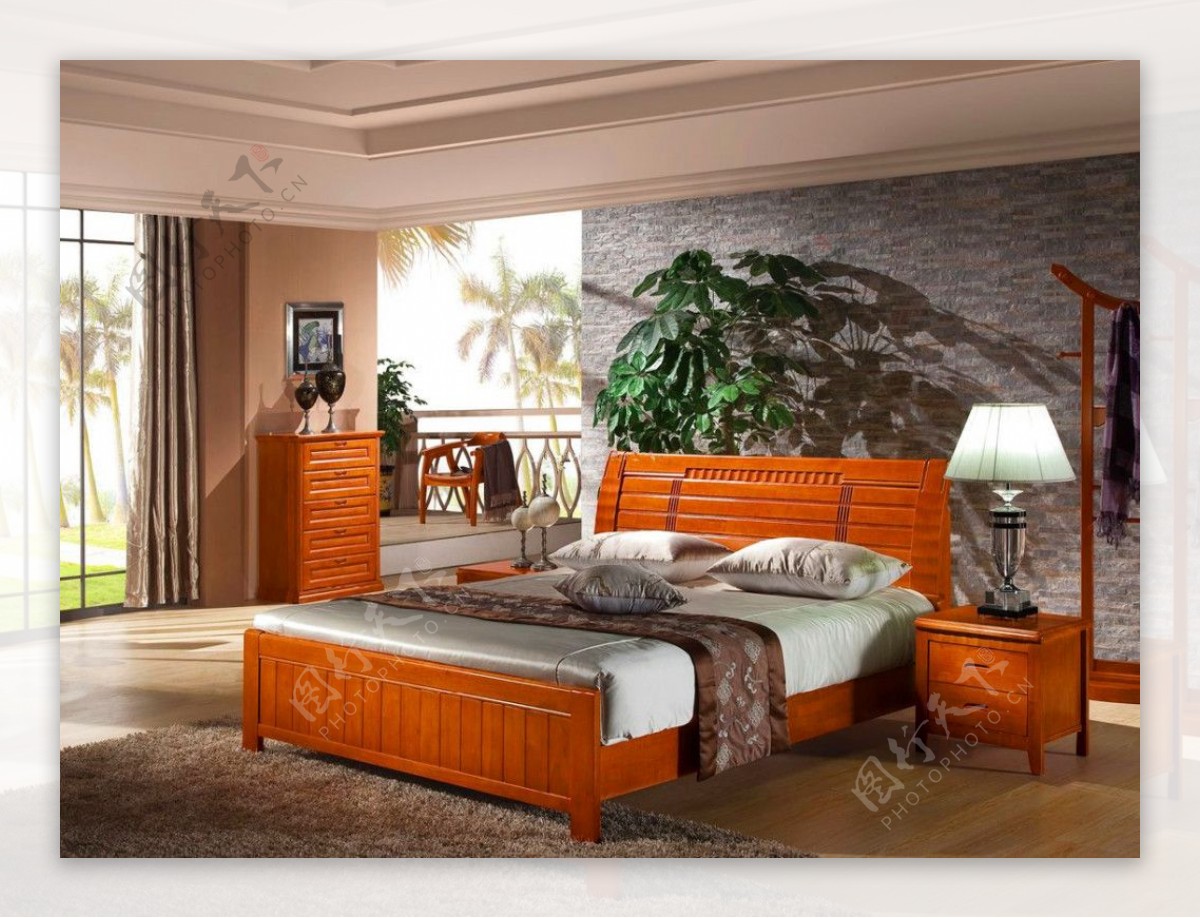 中式家装样板房床背景墙装修效果图