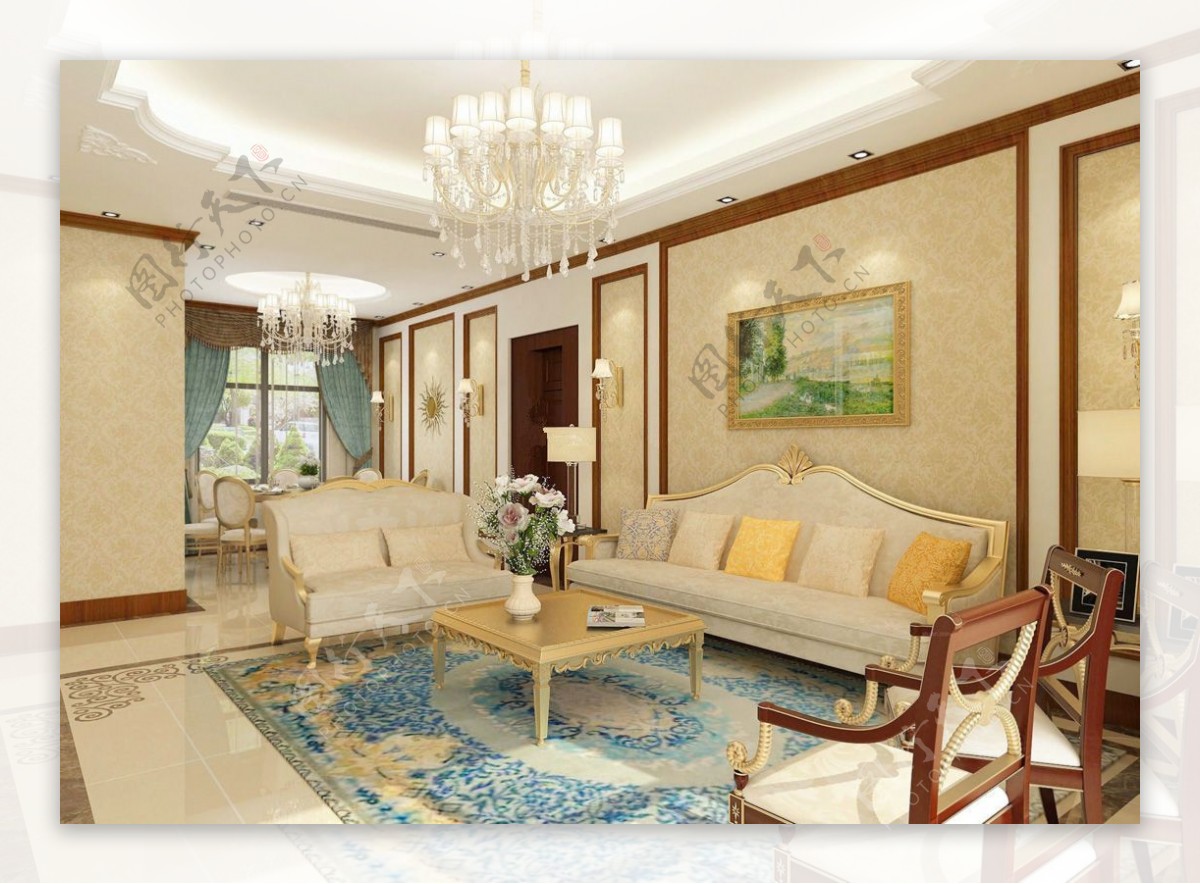 2017两室两厅简约客厅沙发地毯效果图