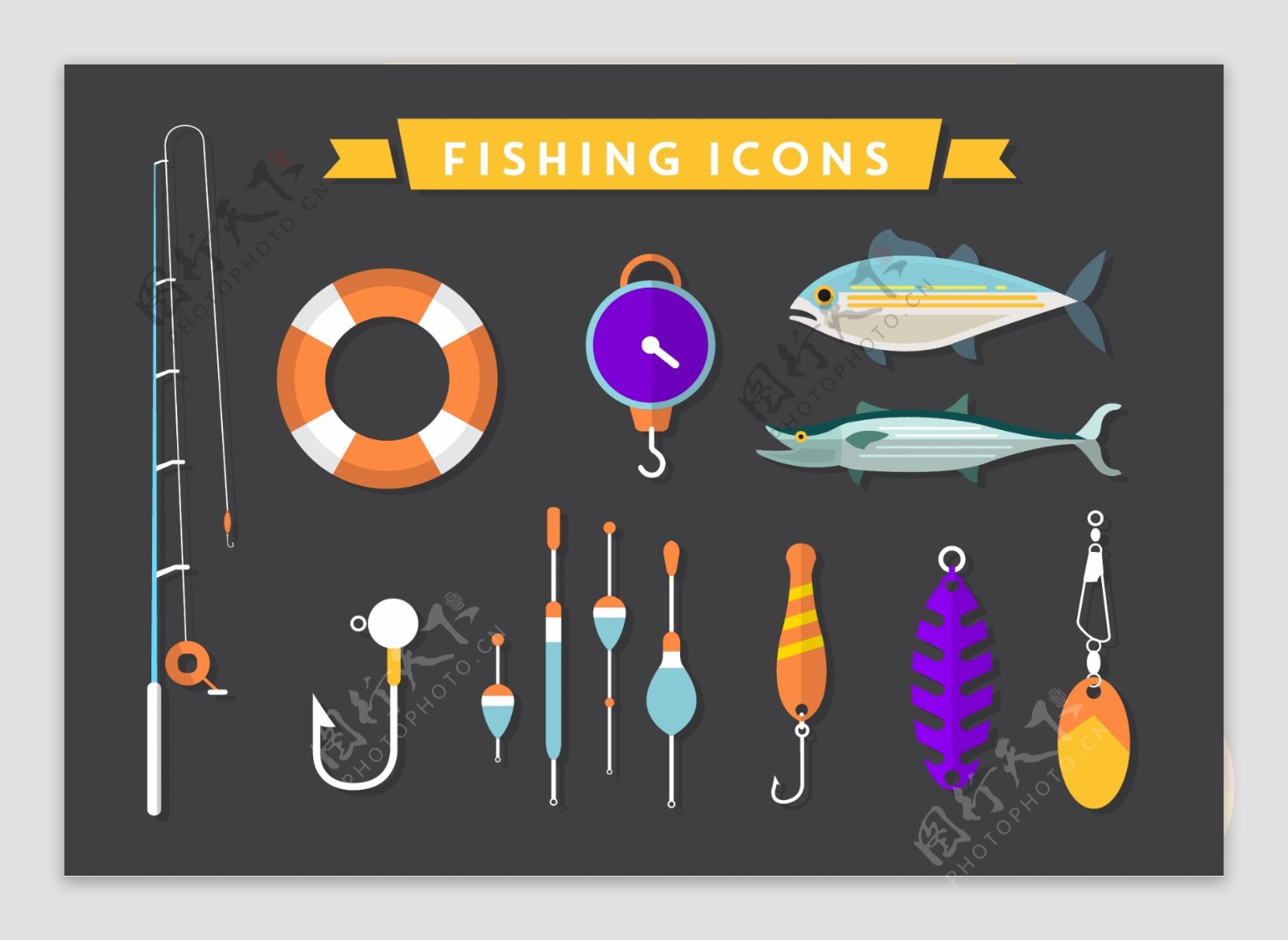 钓鱼渔具矢量素材